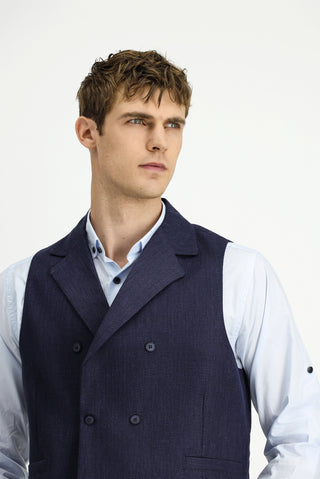  Koyu Lacivert Yünlü Keten Karışımlı Klasik Kruvaze Yelek