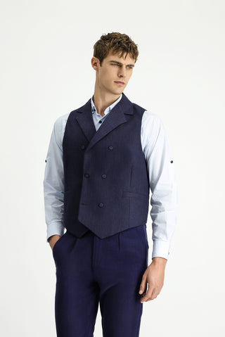  Koyu Lacivert Yünlü Keten Karışımlı Klasik Kruvaze Yelek