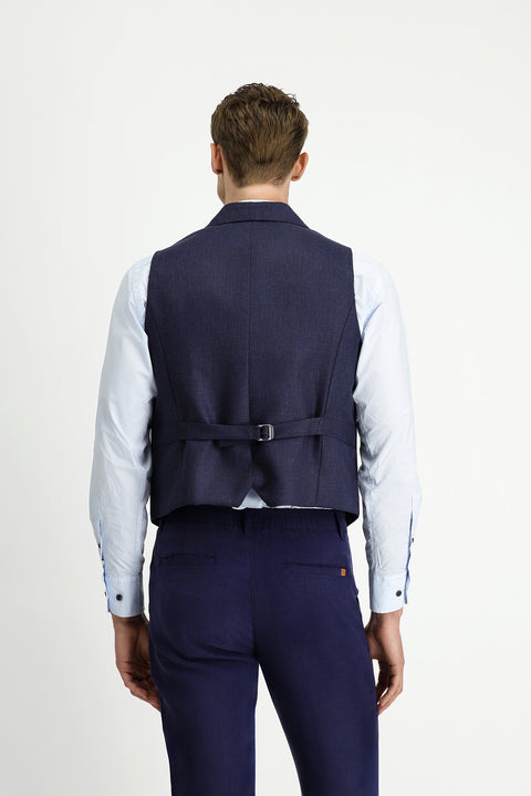 Koyu Lacivert Yünlü Keten Karışımlı Klasik Kruvaze Yelek