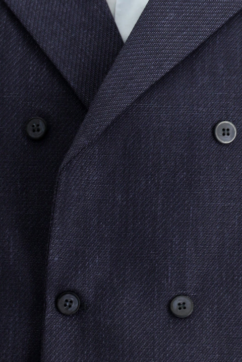 Koyu Lacivert Yünlü Keten Karışımlı Klasik Kruvaze Yelek