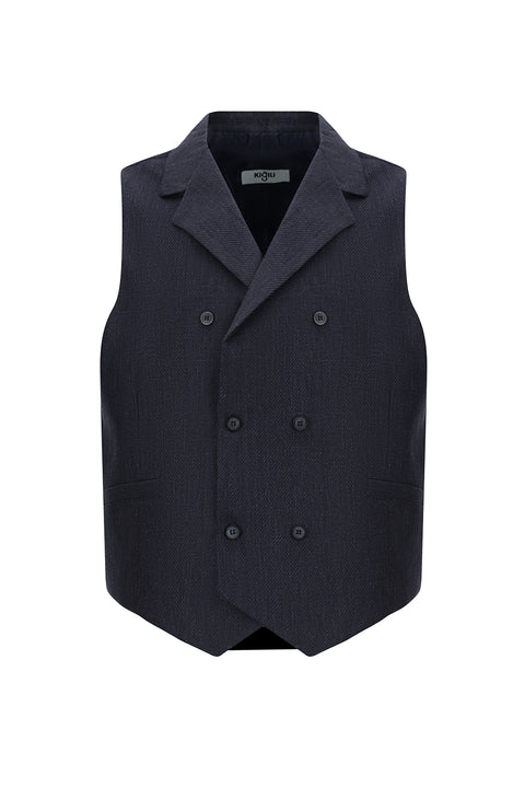 Koyu Lacivert Yünlü Keten Karışımlı Klasik Kruvaze Yelek