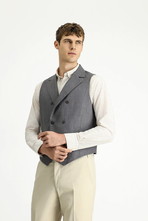 Koyu Antrasit Yünlü Keten Karışımlı Klasik Kruvaze Yelek