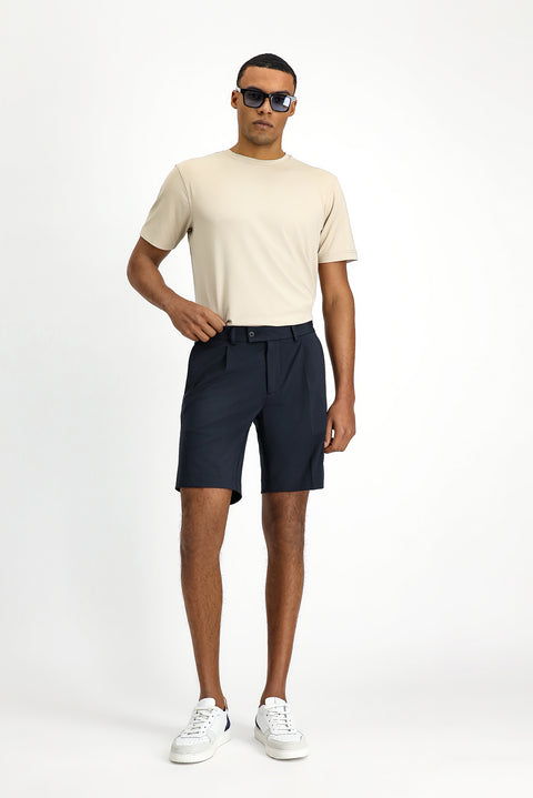 Dark Navy 7 Drop Super Slim Fit Extra Narrow Cut Techno-Line Lycra Pleated Shorts