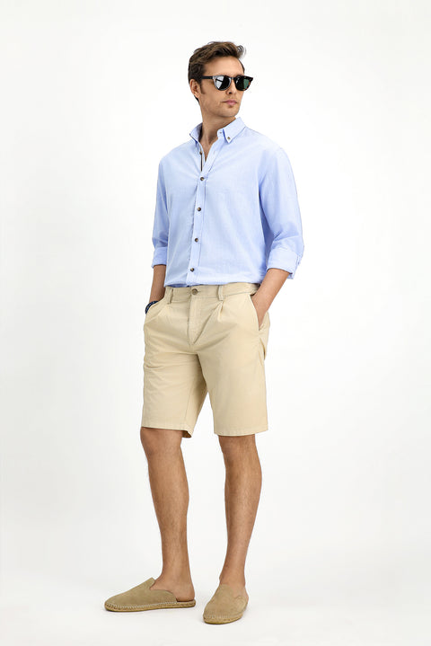 Açık Bej 6 Drop Regular Fit Standart Kesim Pamuklu Pileli Bermuda Şort