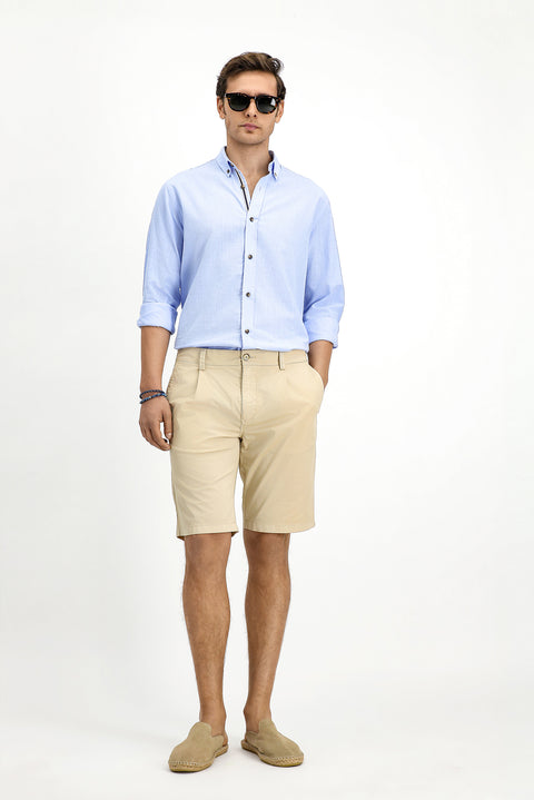 Açık Bej 6 Drop Regular Fit Standart Kesim Pamuklu Pileli Bermuda Şort