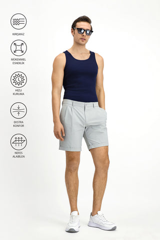  Aç?k Gri Techno-Line 7 Drop Slim Fit Dar Kesim Likral? Bermuda ?ort-Ki??l?