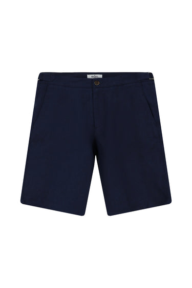  Koyu Lacivert Regular Fit Tokalı Keten Bermuda Şort