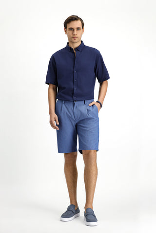  İndigo Regular Fit Likralı Çizgili Pileli Gofre Bermuda Şort