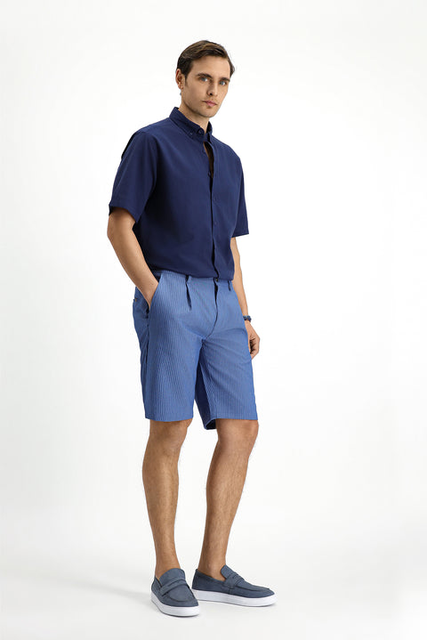 Indigo Regular Fit Standard Cut Lycra Striped Pleated Seersucker Bermuda Shorts