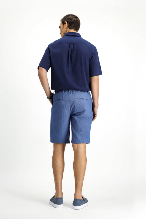 Indigo Regular Fit Standard Cut Lycra Striped Pleated Seersucker Bermuda Shorts
