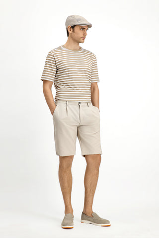  Açık Bej 6 Drop Regular Fit Standart Kesim Likralı Çizgili Pileli Gofre Bermuda Şort
