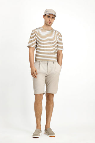  Açık Bej 6 Drop Regular Fit Standart Kesim Likralı Çizgili Pileli Gofre Bermuda Şort
