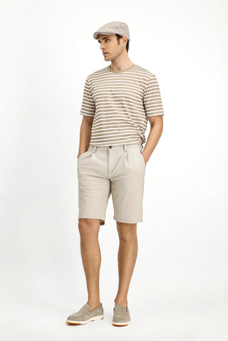  Açık Bej 6 Drop Regular Fit Standart Kesim Likralı Çizgili Pileli Gofre Bermuda Şort