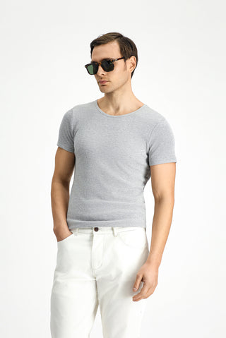  Orta Gri Melanj Bisiklet Yaka Slim Fit Dar Kesim Pamuklu Fitilli Tişört