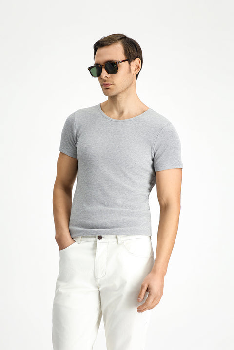 Orta Gri Melanj Bisiklet Yaka Slim Fit Dar Kesim Pamuklu Fitilli Tişört