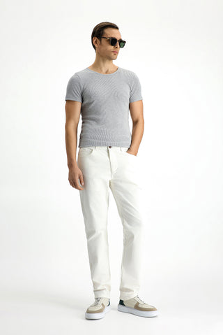  Orta Gri Melanj Bisiklet Yaka Slim Fit Dar Kesim Pamuklu Fitilli Tişört