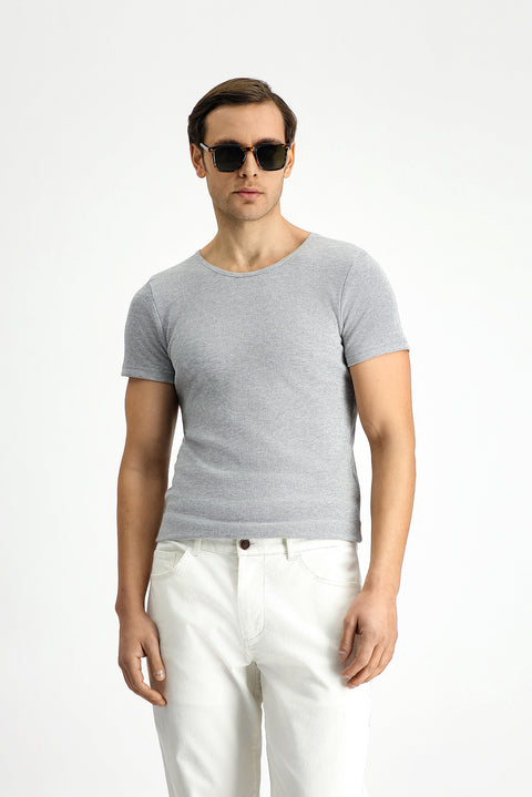 Orta Gri Melanj Bisiklet Yaka Slim Fit Dar Kesim Pamuklu Fitilli Tişört