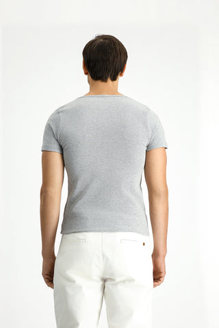  Orta Gri Melanj Bisiklet Yaka Slim Fit Dar Kesim Pamuklu Fitilli Tişört