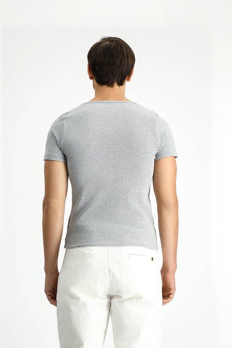 Orta Gri Melanj Bisiklet Yaka Slim Fit Dar Kesim Pamuklu Fitilli Tişört