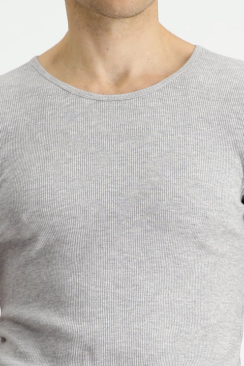 Orta Gri Melanj Bisiklet Yaka Slim Fit Dar Kesim Pamuklu Fitilli Tişört