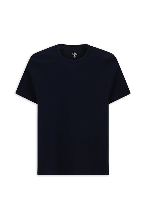 Koyu Lacivert Bisiklet Yaka Slim Fit Dar Kesim Pamuk Fitilli Tişört