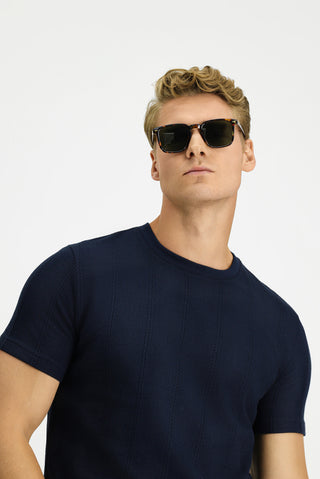  Orta Lacivert Bisiklet Yaka Regular Fit Desenli Pamuk Tişört