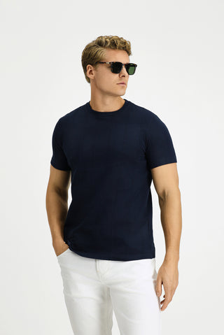  Orta Lacivert Bisiklet Yaka Regular Fit Desenli Pamuk Tişört