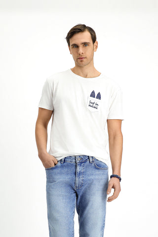  Beyaz Bisiklet Yaka Regular Fit Pamuk Baskılı Tişört