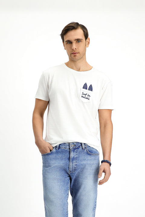Beyaz Bisiklet Yaka Regular Fit Pamuk Baskılı Tişört