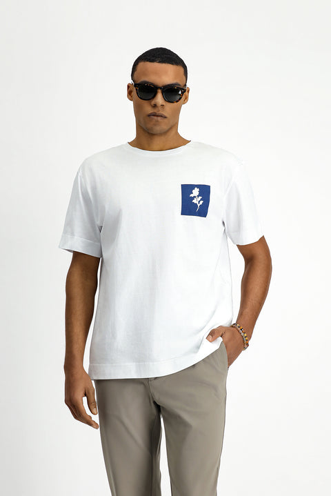 Beyaz Bisiklet Yaka Oversize Pamuk Baskılı Tişört