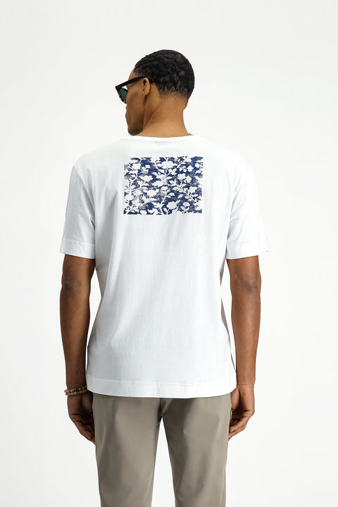 Beyaz Bisiklet Yaka Oversize Pamuk Baskılı Tişört