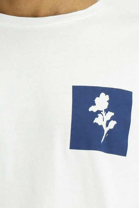 Beyaz Bisiklet Yaka Oversize Pamuk Baskılı Tişört