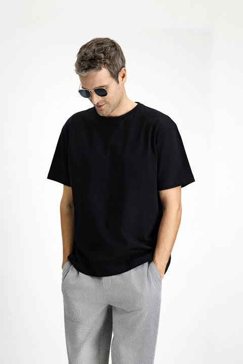 Siyah Bisiklet Yaka Oversize Pamuk Baskılı Tişört