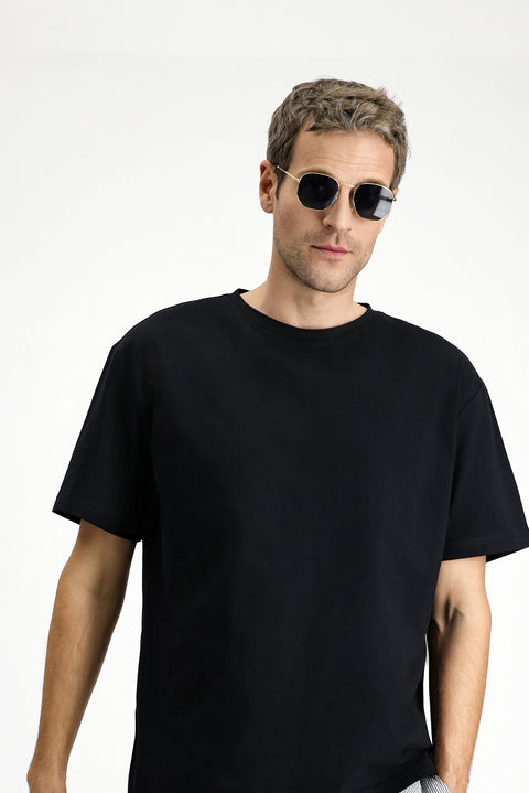 Siyah Bisiklet Yaka Oversize Pamuk Baskılı Tişört