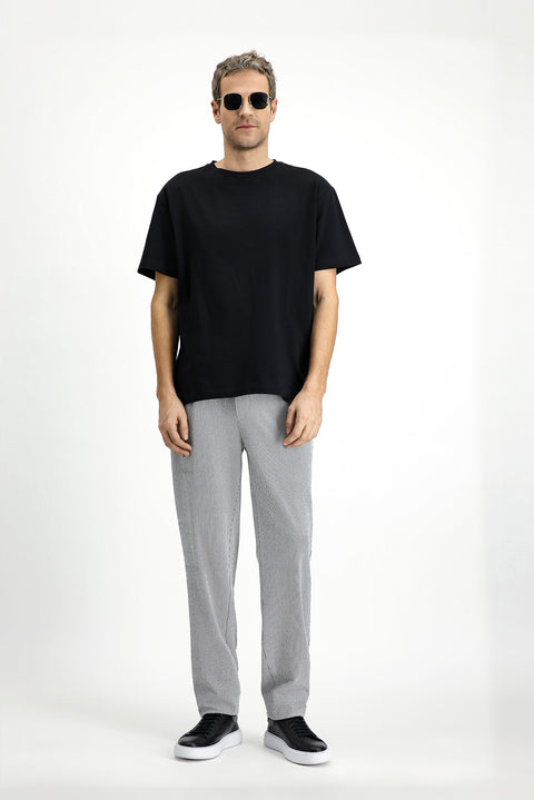 Siyah Bisiklet Yaka Oversize Pamuk Baskılı Tişört