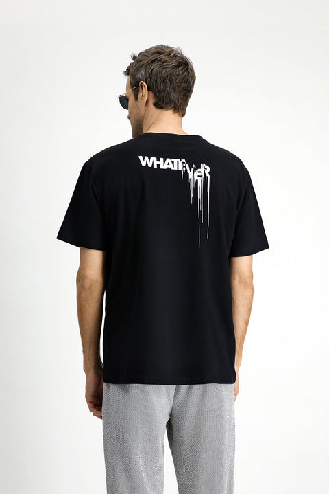 Siyah Bisiklet Yaka Oversize Pamuk Baskılı Tişört