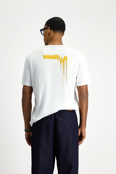 Beyaz Bisiklet Yaka Oversize Pamuk Baskılı Tişört