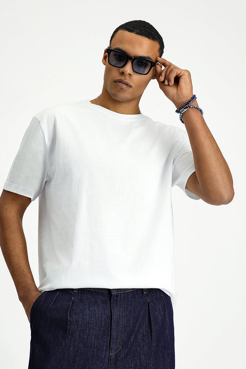 Beyaz Bisiklet Yaka Oversize Pamuk Baskılı Tişört