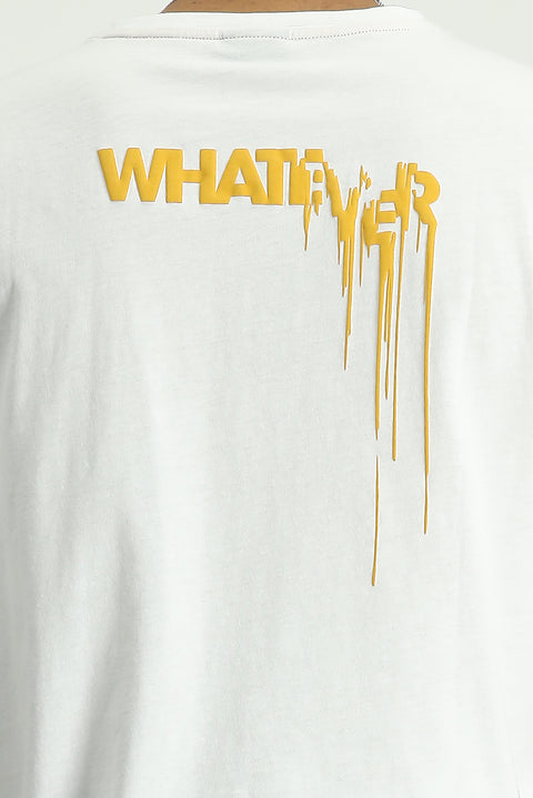 Beyaz Bisiklet Yaka Oversize Pamuk Baskılı Tişört