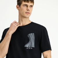 Siyah Bisiklet Yaka Oversize Pamuk Baskılı Tişört