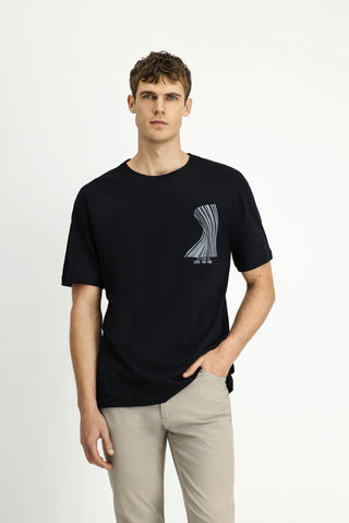  Siyah Bisiklet Yaka Oversize Pamuk Baskılı Tişört