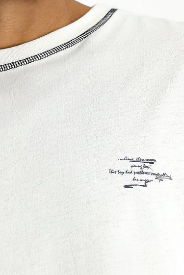 Kırık Beyaz Bisiklet Yaka Oversize Pamuk Baskılı Tişört