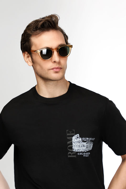 Siyah Bisiklet Yaka Regular Fit Baskılı Pamuk Tişört