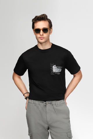  Siyah Bisiklet Yaka Regular Fit Baskılı Pamuk Tişört
