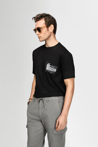  Siyah Bisiklet Yaka Regular Fit Baskılı Pamuk Tişört