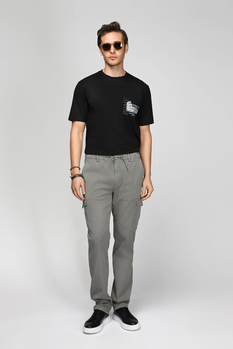 Siyah Bisiklet Yaka Regular Fit Baskılı Pamuk Tişört