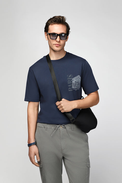 Koyu Lacivert Bisiklet Yaka Regular Fit Baskılı Pamuk Tişört