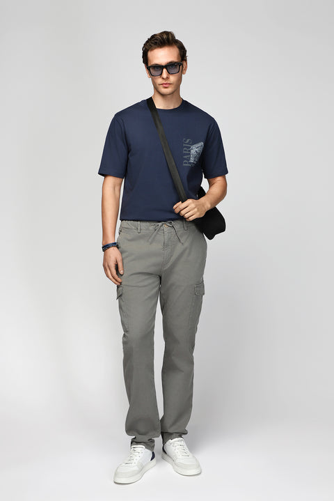 Koyu Lacivert Bisiklet Yaka Regular Fit Baskılı Pamuk Tişört