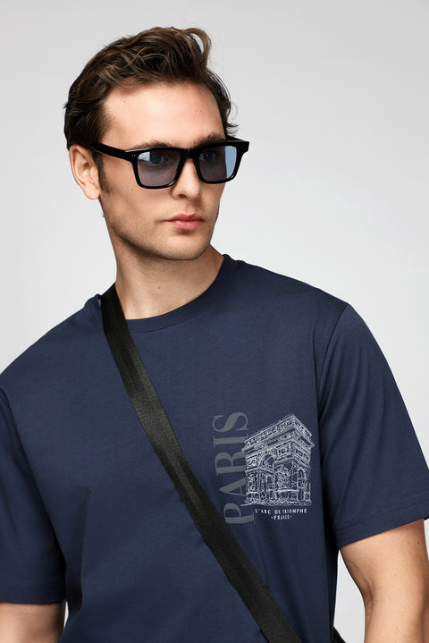 Koyu Lacivert Bisiklet Yaka Regular Fit Baskılı Pamuk Tişört