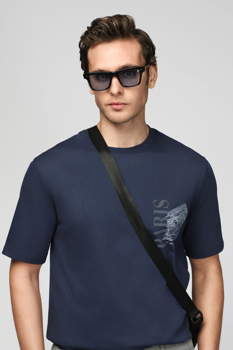 Koyu Lacivert Bisiklet Yaka Regular Fit Baskılı Pamuk Tişört